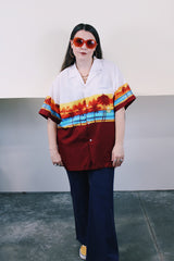 Men's or women's vintage 1980's Shoreline Hawaii, Made in Hawaii label short sleeve button up polyester lightweight Hawaiian print shirt in white and maroon.