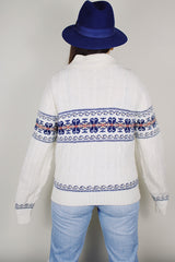 vintage 1980's Jantzen, Made in USA label long sleeve white cable knit pullover sweater with a collar, one button half closure, and an abstract print across chest