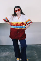 Men's or women's vintage 1980's Shoreline Hawaii, Made in Hawaii label short sleeve button up polyester lightweight Hawaiian print shirt in white and maroon.