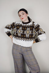 vintage 1980's Cascade label long sleeve white acrylic material pullover sweater with brown snowflake print and brown ribbed trim