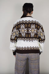vintage 1980's Cascade label long sleeve white acrylic material pullover sweater with brown snowflake print and brown ribbed trim