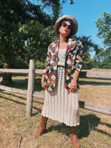 long sleeve multi colored scalloped patchwork leather jacket double lapel vintage 1970's