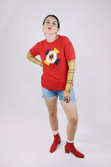 short sleeve red vintage graphic tee with germany written in various languages