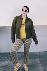 Women's or men's vintage 1970's JCPenney label long sleeve brown colored zip up station jacket in polyester and cotton material. Has collar and pockets.