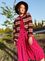 long sleeve iceland sweater vintage 1960's metal silver buttons with cream, pink, and navy striped pattern