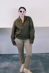 Women's or men's vintage 1970's JCPenney label long sleeve brown colored zip up station jacket in polyester and cotton material. Has collar and pockets.