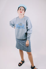 long sleeve grey crew neck sweater with cow graphic on front vintage 1980's