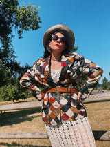 long sleeve multi colored scalloped patchwork leather jacket double lapel vintage 1970's