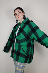 Men's vintage 1940's Sportclad label wool green and black buffalo plaid button up shacket