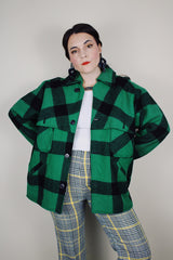 Men's vintage 1940's Sportclad label wool green and black buffalo plaid button up shacket