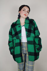Men's vintage 1940's Sportclad label wool green and black buffalo plaid button up shacket