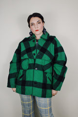 Men's vintage 1940's Sportclad label wool green and black buffalo plaid button up shacket