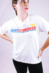 short sleeve white t-shirt with volleyball graphic vintage 1987