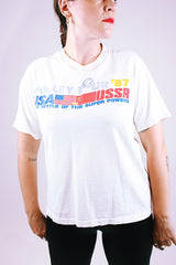 short sleeve white t-shirt with volleyball graphic vintage 1987