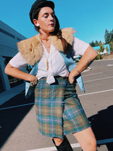 green and blue plaid print wool blend mini skirt with wrap front 1990's