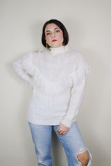 Women's vintage 1980's Avon Fashions label long sleeve white acrylic material pullover turtleneck sweater with fringe trim