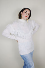 Women's vintage 1980's Avon Fashions label long sleeve white acrylic material pullover turtleneck sweater with fringe trim