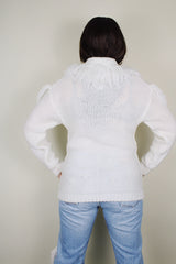 Women's vintage 1980's Avon Fashions label long sleeve white acrylic material pullover turtleneck sweater with fringe trim