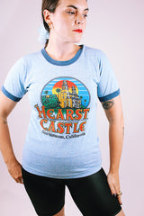 short sleeve blue vintage 1970's t-shirt heart castle graphic