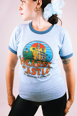 short sleeve blue vintage 1970's t-shirt heart castle graphic