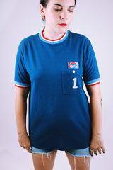 short sleeve navy t-shirt with pepsi patch and red white and blue ribbed trim vintage 1970's