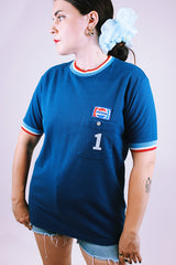 short sleeve navy t-shirt with pepsi patch and red white and blue ribbed trim vintage 1970's