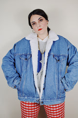 vintage 1980's Levi's San Francisco, Made in USA long sleeve light denim button up jacket with white shearling liner