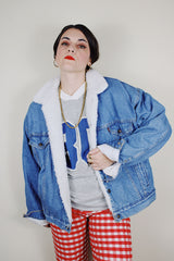 vintage 1980's Levi's San Francisco, Made in USA long sleeve light denim button up jacket with white shearling liner