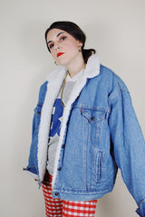 vintage 1980's Levi's San Francisco, Made in USA long sleeve light denim button up jacket with white shearling liner