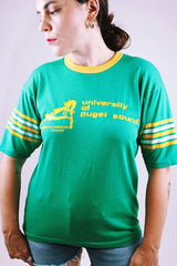 short sleeve green vintage 1970's t-shirt with yellow and white trim