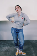 Women's vintage 1970's Healthknit label long sleeve heather grey pullover sweater with half zipper closure, collar, and patch sewn on left chest.