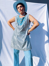 silver metallic tinsel sleeveless long top and shorts with blue beaded detail around chest and hem of shorts, costume vintage 1980's saks ally