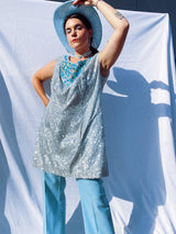 silver metallic tinsel sleeveless long top and shorts with blue beaded detail around chest and hem of shorts, costume vintage 1980's saks ally
