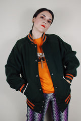 vintage 1960's Lasley Knitting Co., Seattle label long sleeve forest green wool button up letterman jacket with orange striped trim