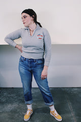 Women's vintage 1970's Healthknit label long sleeve heather grey pullover sweater with half zipper closure, collar, and patch sewn on left chest.