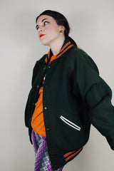 vintage 1960's Lasley Knitting Co., Seattle label long sleeve forest green wool button up letterman jacket with orange striped trim