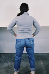 Women's vintage 1970's Healthknit label long sleeve heather grey pullover sweater with half zipper closure, collar, and patch sewn on left chest.