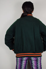 vintage 1960's Lasley Knitting Co., Seattle label long sleeve forest green wool button up letterman jacket with orange striped trim