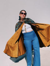 1960's reversible poncho with buttons and collar one side is gold one side is floral print vintage