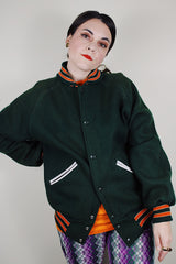 vintage 1960's Lasley Knitting Co., Seattle label long sleeve forest green wool button up letterman jacket with orange striped trim