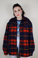 vintage 1970's Sportswear - Sears - The Men's Store label long sleeve wool red and navy blue plaid button up shacket with a navy fleece liner