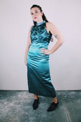 ankle length sleeveless blue satin dress with mock neck and lace black lace overlay women's vintage 1980's