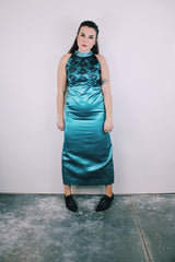 ankle length sleeveless blue satin dress with mock neck and lace black lace overlay women's vintage 1980's