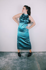 ankle length sleeveless blue satin dress with mock neck and lace black lace overlay women's vintage 1980's