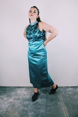 ankle length sleeveless blue satin dress with mock neck and lace black lace overlay women's vintage 1980's