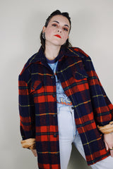 vintage 1970's Sportswear - Sears - The Men's Store label long sleeve wool red and navy blue plaid button up shacket with a navy fleece liner