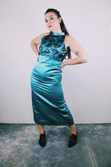ankle length sleeveless blue satin dress with mock neck and lace black lace overlay women's vintage 1980's