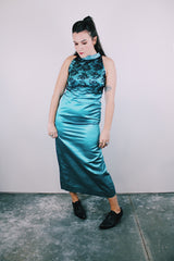 ankle length sleeveless blue satin dress with mock neck and lace black lace overlay women's vintage 1980's