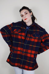 vintage 1970's Sportswear - Sears - The Men's Store label long sleeve wool red and navy blue plaid button up shacket with a navy fleece liner