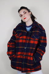 vintage 1970's Sportswear - Sears - The Men's Store label long sleeve wool red and navy blue plaid button up shacket with a navy fleece liner
